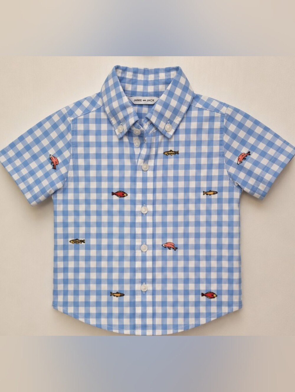 Janie and Jack Blue Gingham Fish Embroidered Button-Down Shirt 6-12 Months